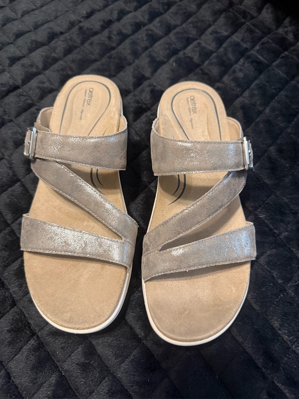 Aetrex Metallic Silver Cross-Strap Slide Sandals for Women
